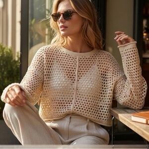 Dazy Open Knit Crochet Crop Sweater Beige Boho Beachy Pullover Medium